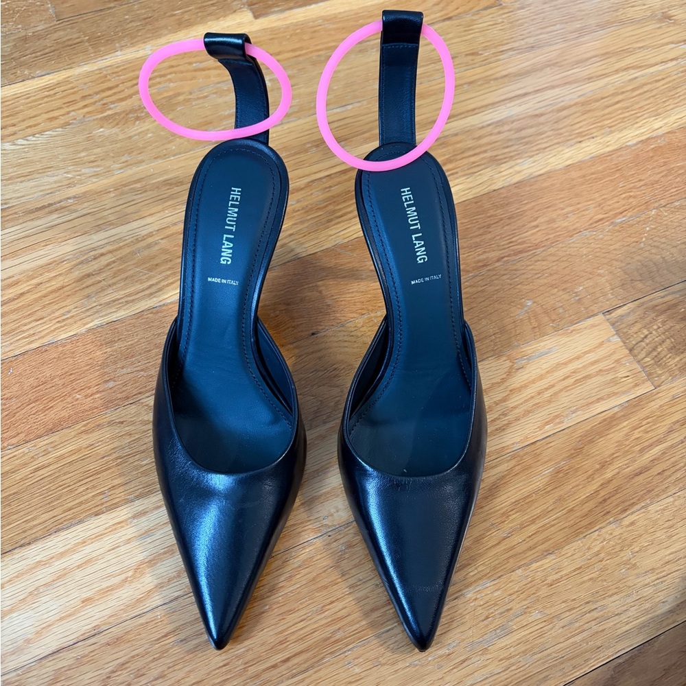 Helmut Lang Vintage sz 37 black leather pointed sling back pink ankle strap